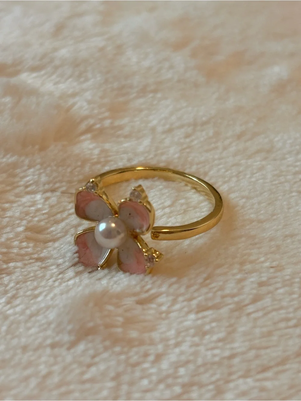 Gold Smiley Face & Pink Flower Adjustable Ring